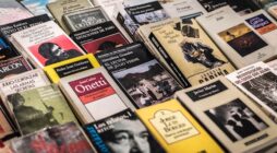 assorted books on brown wooden shelf